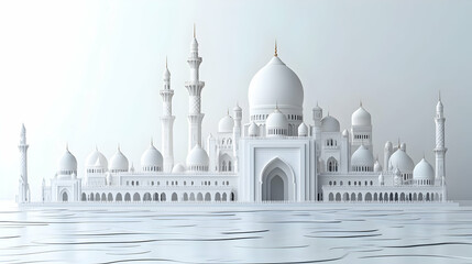 Fototapeta premium A serene white architectural structure resembling a mosque, surrounded by water.