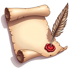 Vintage parchment scroll with red wax seal and quill pen on a bright background, illustration of still life concept.