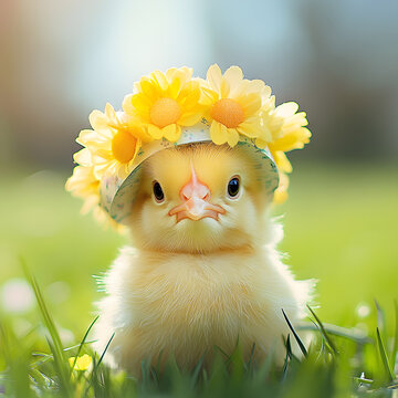 cute chick wearing floral Easter bonnet surrounded by green grass, radiating joy and springtime vibes. This adorable scene captures essence of Easter celebrations