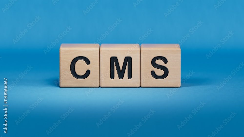 Poster cms, questions and answers on wooden cubes.close up of wooden elements,business concept.3d rendering