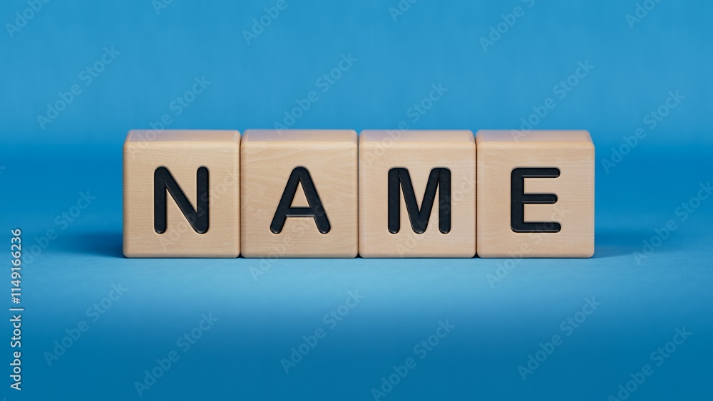 Aufkleber concept word name on cubes.close up of wooden elements,business concept.3d rendering on blue backgro