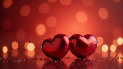 Two Red Glass Hearts on a Glittery Surface with Bokeh Lights