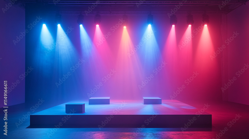 Poster lighting effects create an engaging atmosphere on a stage set for a performance.