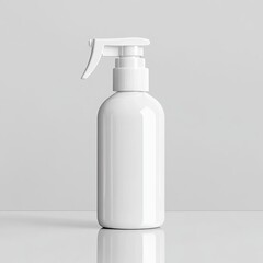 Minimalist spray bottle mockup, glossy white surface with no labels, resting on a reflective studio floor, softly lit.