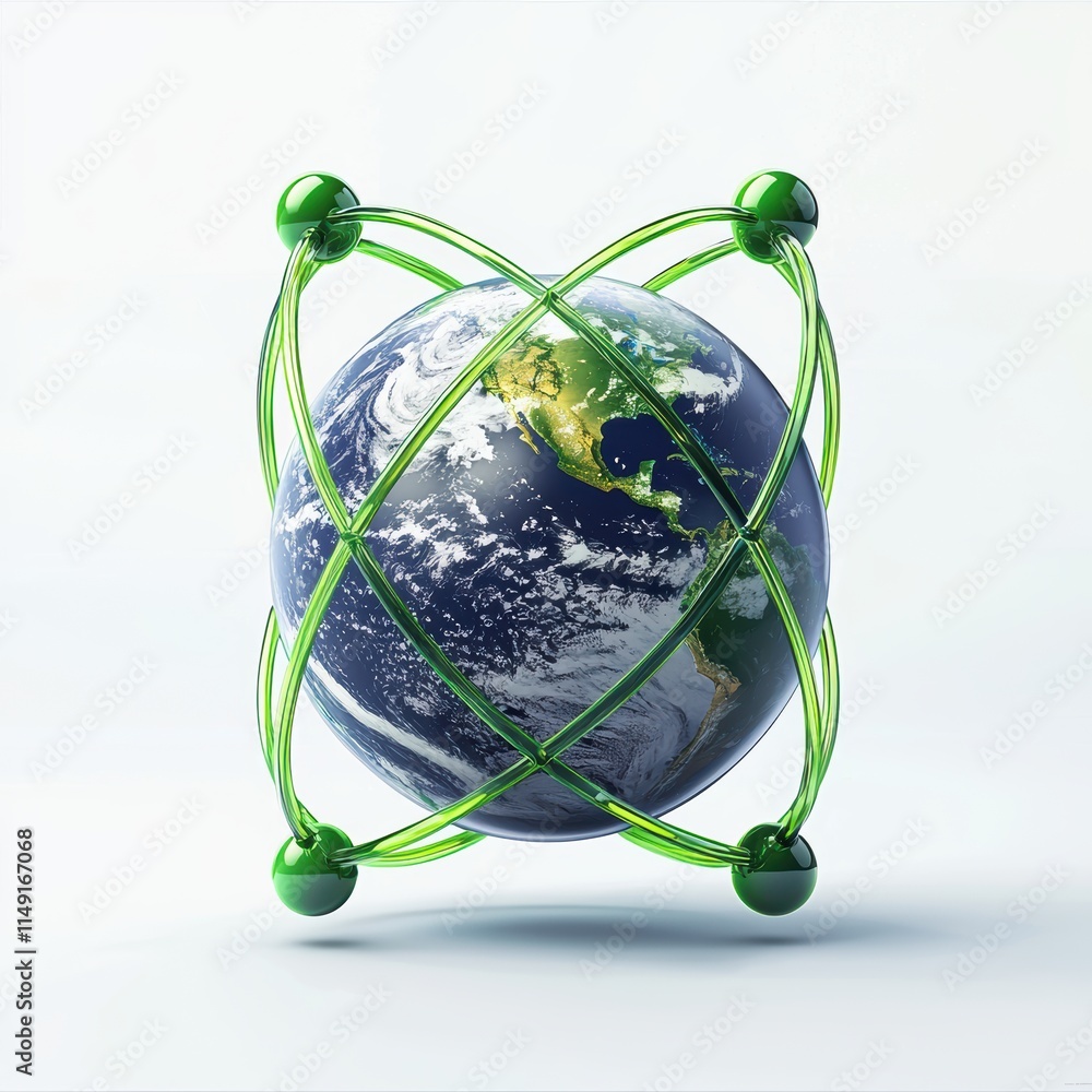 Poster a globe with a green frame and four green balls surrounding it. generative ai