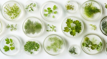 Obraz premium Assortment of Green Herbs in Petri Dishes