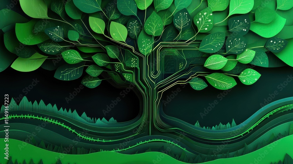 Aufkleber green tree with circuit design representing nature and technology