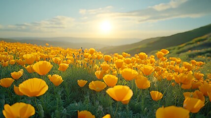 Naklejka premium Golden poppy blossoms scenic hillside nature photography sunrise
