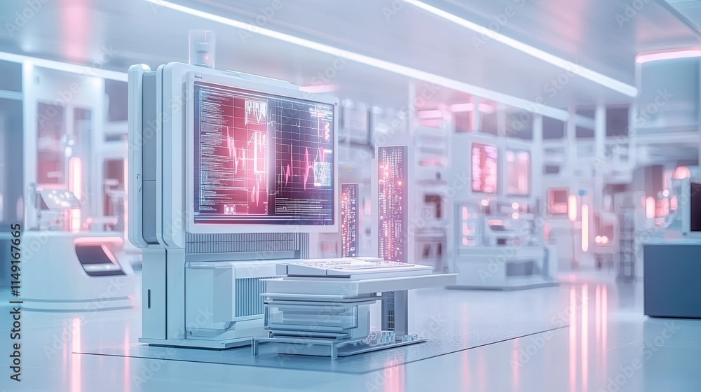 Poster a computer monitor is on a white desk in a room with a neon pink glow. generative ai