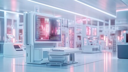 Obraz premium A computer monitor is on a white desk in a room with a neon pink glow. Generative AI