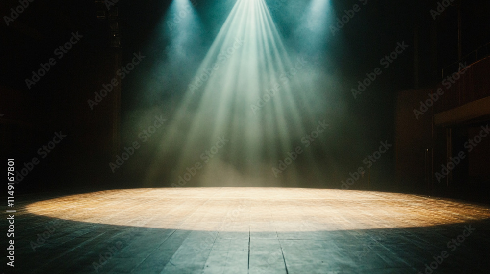 Poster spotlight casts ethereal light on empty stage in an intimate theater setting.