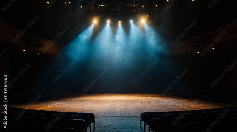 Poster spotlights illuminate an empty stage awaiting a performance in a theater.