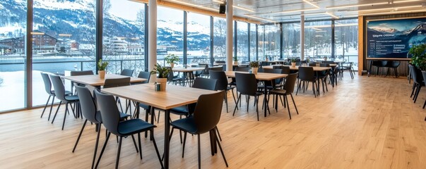 Fototapeta premium Modern Restaurant Interior with Mountain View.