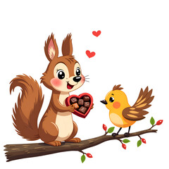 Charming squirrel shares heartfelt chocolates with a cheerful bird in a playful woodland scene, digital illustration of character interaction concept.