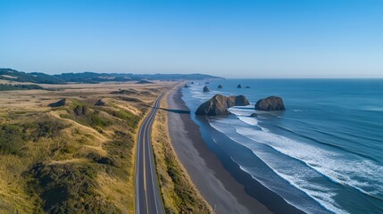 Fototapeta premium Coastal Highway Winding Along Scenic Ocean Beach
