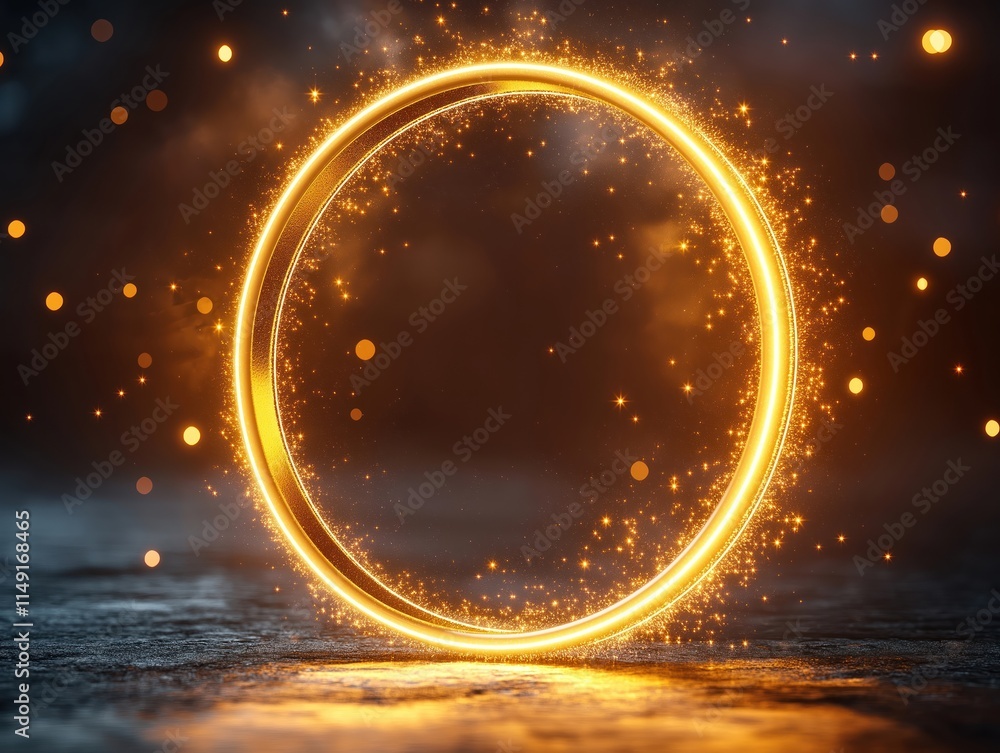 Poster golden glowing circle design element on dark background. abstract shape with bright light effects. l