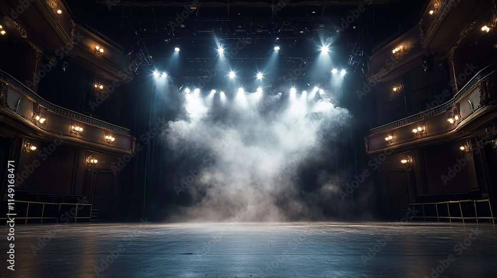 Poster bright stage lights illuminate an empty theater in preparation for a performance.