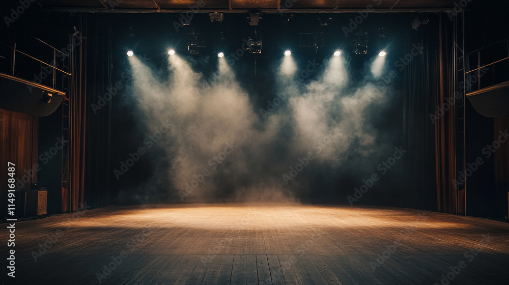 Poster lighting and fog create an atmospheric stage setup for a performance.