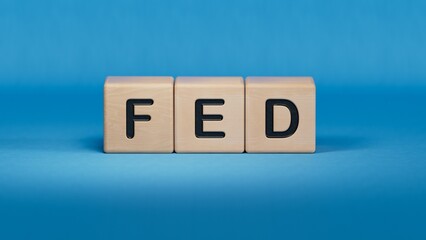 fed concept on wooden cubes.close up of wooden elements,Business Concept.3D rendering on blue background.