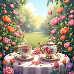 Fototapeta premium Enchanting tea party amidst blooming roses in a serene garden setting, digital illustration of still life concept.