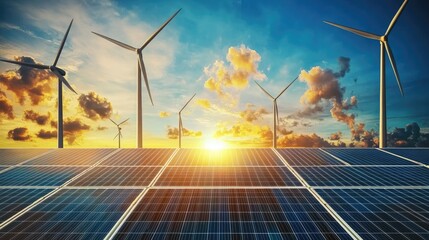 Solar Panels and Wind Turbines at Sunset
