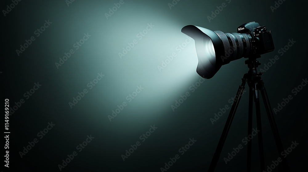 Poster camera on tripod projecting light against a dark background in a studio.