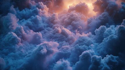 A mesmerizing scene of fluffy clouds at dawn, illuminated by the warm light of the sun, with hints of cool blue and purple in the shadows. The composition is enhanced with a wide-angle perspective, cr