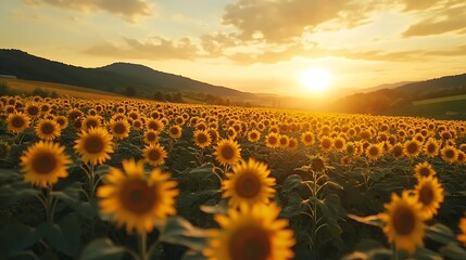 Fototapeta premium Sunflower field sunrise rural landscape nature photography serenity