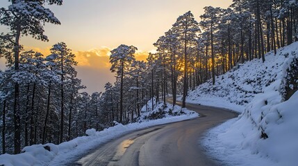 Obraz premium Snow covered winding road through a pine forest at sunset