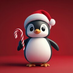 Fototapeta premium Cute Cartoon Penguin Wearing Santa Hat Holding Candy Cane