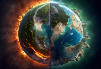Fototapeta premium Planet Earth with one half destroyed and one half preserved, Earth day concept, environment preservation concept