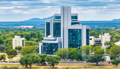 aerial view Gaborone Botswana CBD, capital city, above the central business district skyscraper...