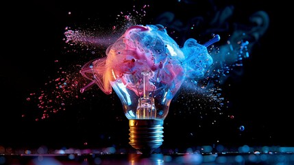 Fototapeta premium Exploding Light Bulb with Vibrant Pink and Blue Ink Splatter