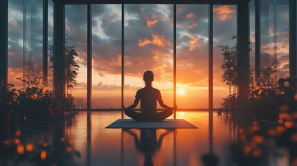 Meditation practice at sunset home studio peaceful atmosphere