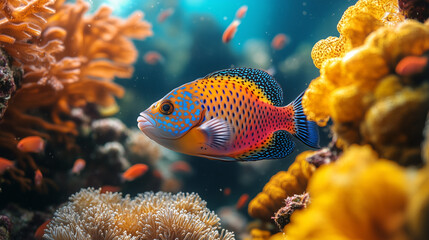 Fototapeta premium A solitary triggerfish exploring a reef ledge, surrounded by sponge corals and sea fans, soft natural light casting a peaceful glow on the underwater environment