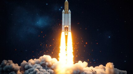 Powerful rocket launch into outer space. Fiery exhaust, smoke billowing from powerful engines. Astronaut tech exploration. Futuristic spaceship ascending rapidly. Space exploration concept