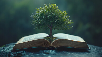 Green tree growing from open book, isolated. read library literature for knowledge and school education, learn about environment ecology, university, growth, page, creative, study.