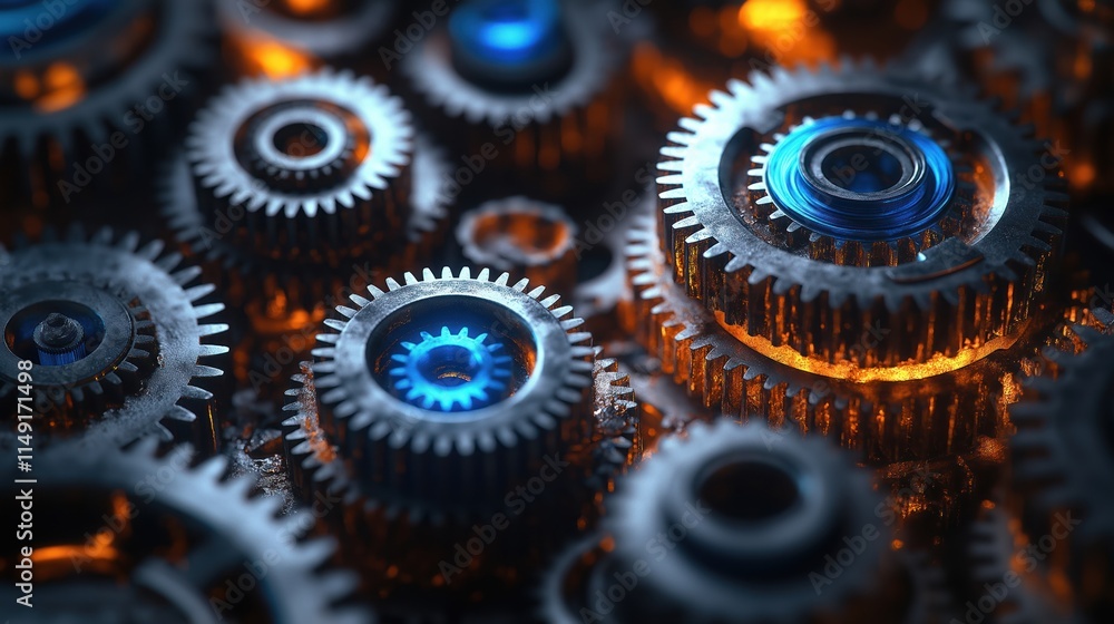 Poster complex mechanism of interlocking gears rotates with blue, orange light. intricate tech gear system 