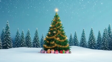 Fototapeta premium A festive scene featuring a decorated Christmas tree surrounded by snow and gifts, set against a backdrop of evergreen trees and a starry sky, evoking holiday spirit and celebration.