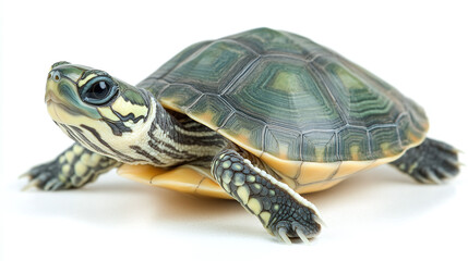 Obraz premium Tortoise green and gray turtle isolated on white background. small natural slow exotic pet animal, reptile, wildlife.