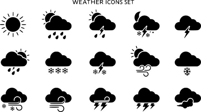 Weather icons. Weather forecast icon set. Clouds logo. Weather , clouds, sunny day, moon, snowflakes, wind, sun day. Vector illustration.