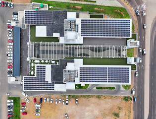 sustainable energy solar panels on building roof aerial view Gaborone Botswana CBD, capital city,