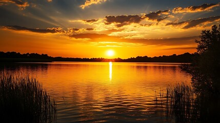 Naklejka premium Golden Sunset over a Calm Lake. Nature, Tranquility, Serenity, Landscape, Scenic