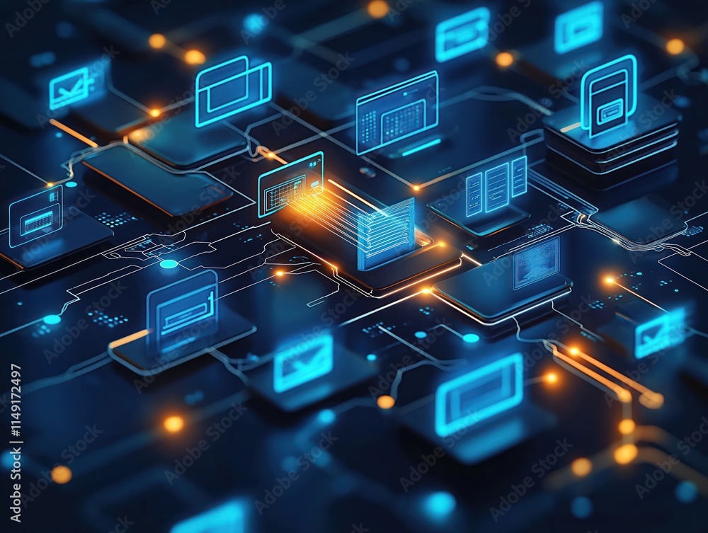 Poster digital data network design. tech illustration shows interconnected tech elements. modern tech desig
