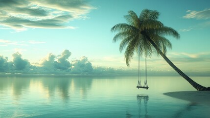 Fototapeta premium Tranquil Beach Scene with a Swing and Palm Trees at Sunset