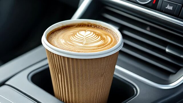 Enjoying a warm coffee in a car cup holder during a road trip in the early morning