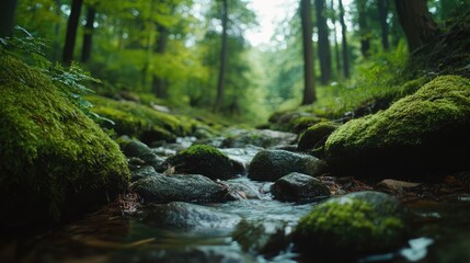 A Tranquil Stream Flowing Through a Lush Green Forest