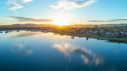 Sunrise over a tranquil harbor town. Scenic view of a calm bay reflecting the sunrise.