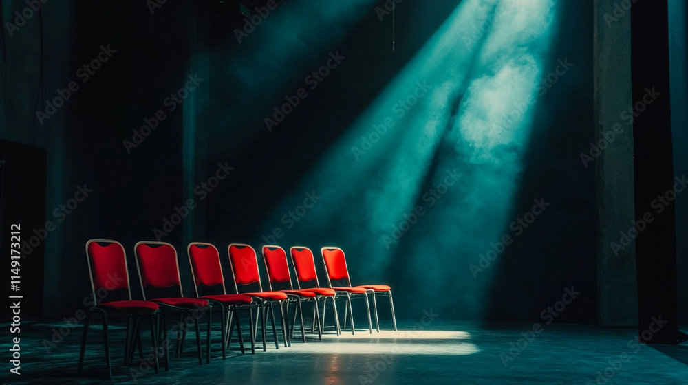 Poster red chairs illuminated by soft light in an empty theater space.