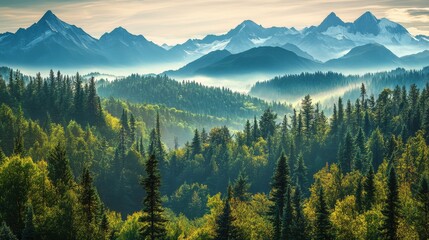 Breathtaking View of Lush Forest and Majestic Mountains at Sunrise